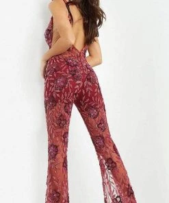 Jovani - 04402 V Neck See Through Beaded Jumpsuit