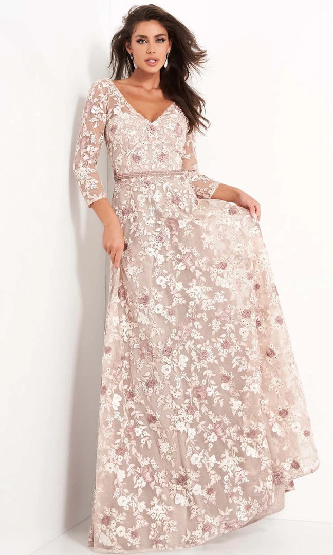 Jovani - 04451 Quarter Sleeve Floral Embroidered A-Line Gown 3 Jovani - 04451 Quarter Sleeve Floral Embroidered A-Line Gown