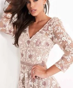 Jovani - 04451 Quarter Sleeve Floral Embroidered A-Line Gown 9 Jovani - 04451 Quarter Sleeve Floral Embroidered A-Line Gown