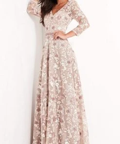 Jovani - 04451 Quarter Sleeve Floral Embroidered A-Line Gown 8 Jovani - 04451 Quarter Sleeve Floral Embroidered A-Line Gown