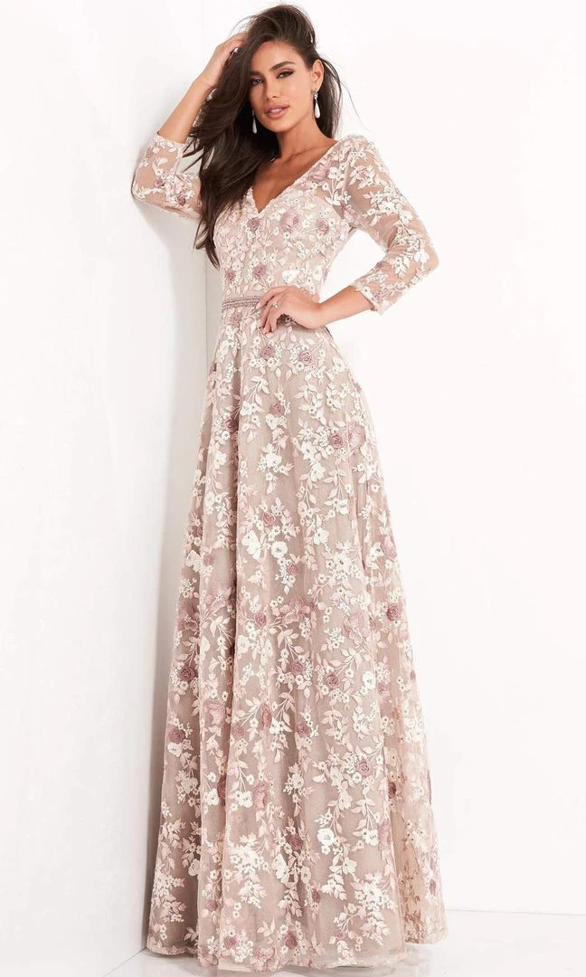 Jovani - 04451 Quarter Sleeve Floral Embroidered A-Line Gown 5 Jovani - 04451 Quarter Sleeve Floral Embroidered A-Line Gown
