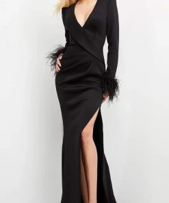 Jovani - 04501 V Neckline Feathered Sleeve Slit Gown 10 Jovani - 04501 V Neckline Feathered Sleeve Slit Gown