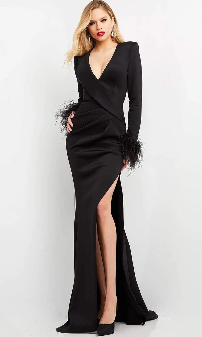 Jovani - 04501 V Neckline Feathered Sleeve Slit Gown 5 Jovani - 04501 V Neckline Feathered Sleeve Slit Gown