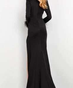 Jovani - 04501 V Neckline Feathered Sleeve Slit Gown 12 Jovani - 04501 V Neckline Feathered Sleeve Slit Gown