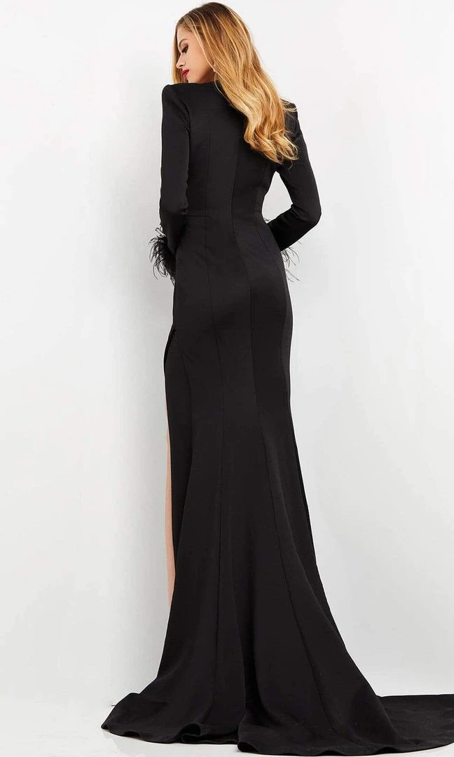 Jovani - 04501 V Neckline Feathered Sleeve Slit Gown 7 Jovani - 04501 V Neckline Feathered Sleeve Slit Gown