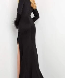 Jovani - 04501 V Neckline Feathered Sleeve Slit Gown 9 Jovani - 04501 V Neckline Feathered Sleeve Slit Gown