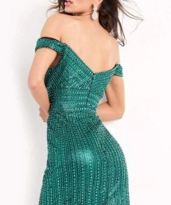 Jovani - 04583 Beaded Deep Off Shoulder Fitted Dress