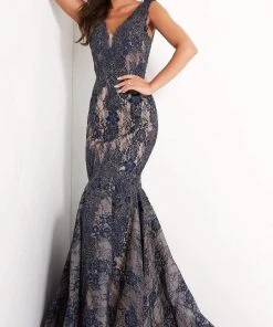 Jovani - 04585 Embroidered Deep V Neck Mermaid Gown
