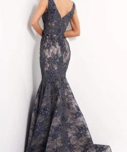 Jovani - 04585 Embroidered Deep V Neck Mermaid Gown