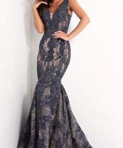 Jovani - 04585 Embroidered Deep V Neck Mermaid Gown 7 Jovani - 04585 Embroidered Deep V Neck Mermaid Gown