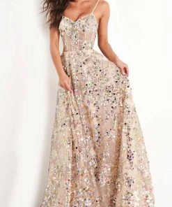 Jovani - 04630 Spaghetti Strap Sequin Paillette Ornate Gown