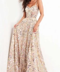 Jovani - 04630 Spaghetti Strap Sequin Paillette Ornate Gown