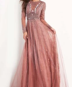 Jovani - 04698 Long Sleeve Geometric Beaded A-Line Gown