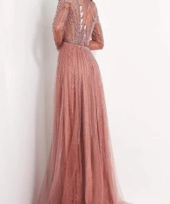 Jovani - 04698 Long Sleeve Geometric Beaded A-Line Gown