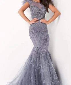 Jovani - 04702 Feather Fringed Cap Sleeve Beaded Gown
