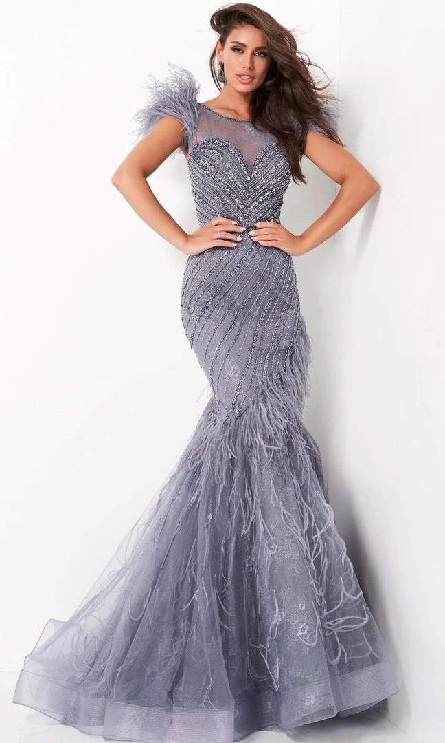 Jovani - 04702 Feather Fringed Cap Sleeve Beaded Gown 3 Jovani - 04702 Feather Fringed Cap Sleeve Beaded Gown