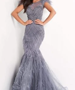 Jovani - 04702 Feather Fringed Cap Sleeve Beaded Gown 9 Jovani - 04702 Feather Fringed Cap Sleeve Beaded Gown