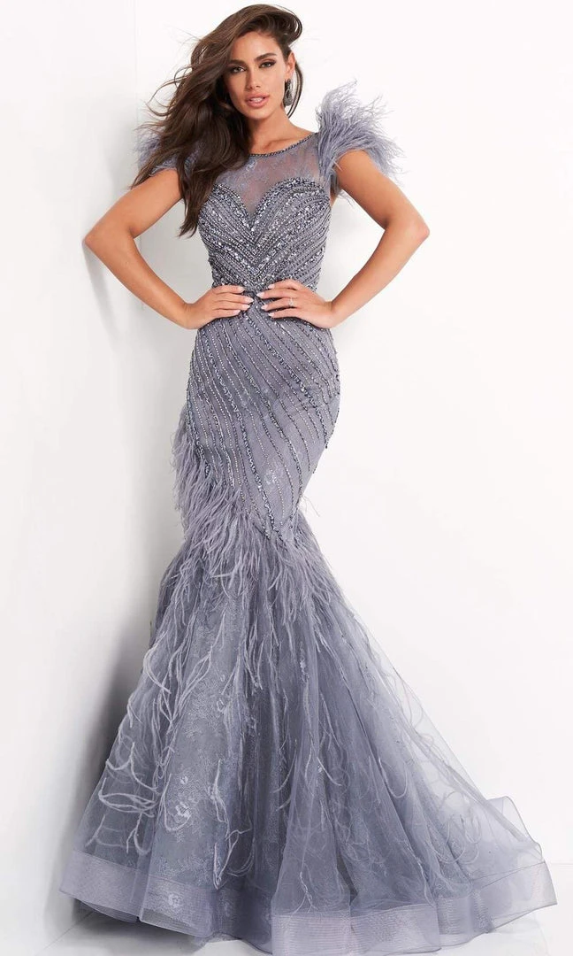 Jovani - 04702 Feather Fringed Cap Sleeve Beaded Gown 6 Jovani - 04702 Feather Fringed Cap Sleeve Beaded Gown