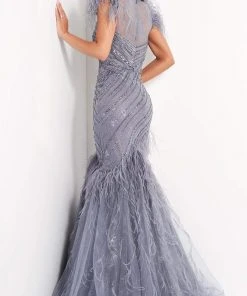 Jovani - 04702 Feather Fringed Cap Sleeve Beaded Gown