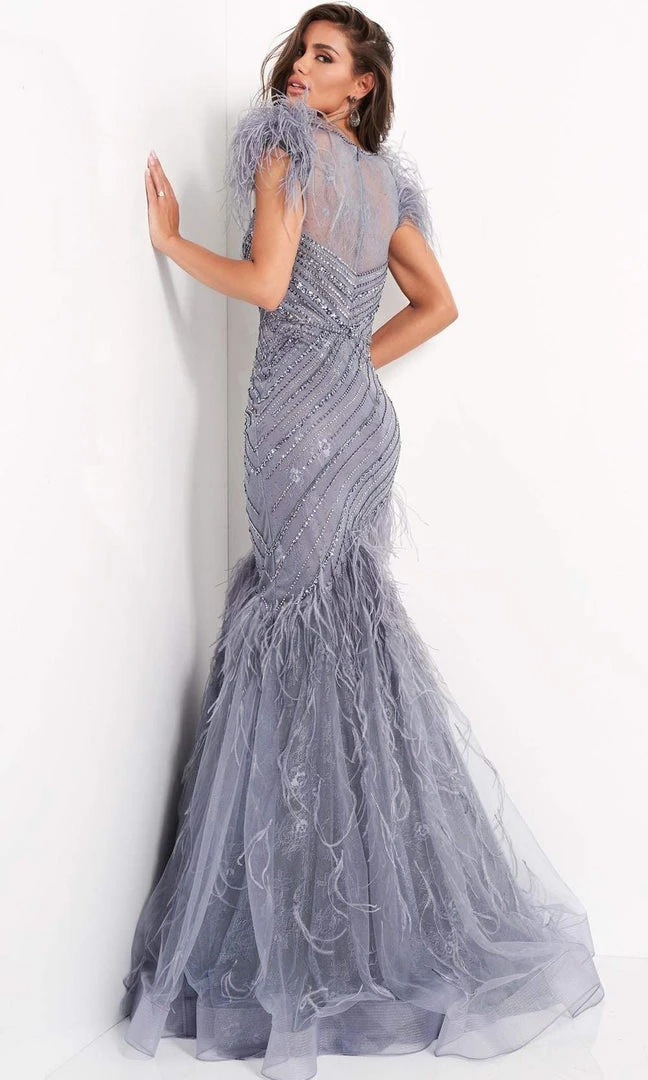 Jovani - 04702 Feather Fringed Cap Sleeve Beaded Gown 4 Jovani - 04702 Feather Fringed Cap Sleeve Beaded Gown