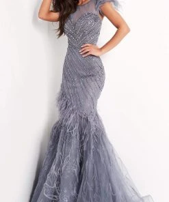 Jovani - 04702 Feather Fringed Cap Sleeve Beaded Gown 8 Jovani - 04702 Feather Fringed Cap Sleeve Beaded Gown