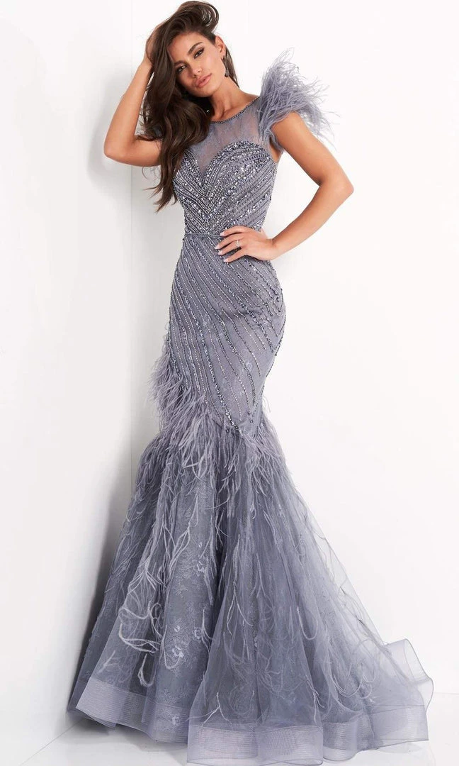 Jovani - 04702 Feather Fringed Cap Sleeve Beaded Gown 5 Jovani - 04702 Feather Fringed Cap Sleeve Beaded Gown