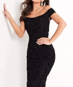 Jovani - 04763 Off-Shoulder Textured Lace Sheath Knee-Length Dress