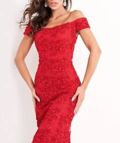 Jovani - 04763 Off-Shoulder Textured Lace Sheath Knee-Length Dress