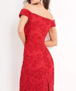 Jovani - 04763 Off-Shoulder Textured Lace Sheath Knee-Length Dress