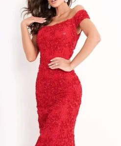 Jovani - 04763 Off-Shoulder Textured Lace Sheath Knee-Length Dress
