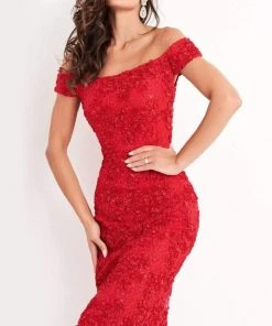 Jovani - 04763 Off-Shoulder Textured Lace Sheath Knee-Length Dress