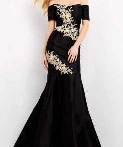 Jovani - 04814 Short Sleeve Off Shoulder Embroidered Trumpet Dress