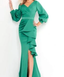 Jovani - 04841 Long Sleeve Ruffle Drape High Slit Evening Dress