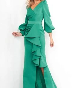 Jovani - 04841 Long Sleeve Ruffle Drape High Slit Evening Dress