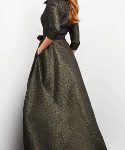 Jovani - 05075 Quarter Sleeve V-Neck Metallic Dress