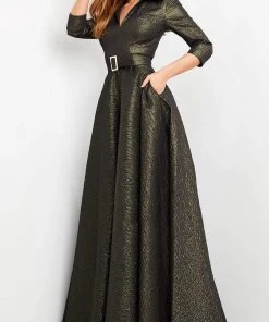 Jovani - 05075 Quarter Sleeve V-Neck Metallic Dress