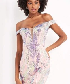 Jovani - 05101 Illusion Plunging Neck Off Shoulder Embellished Dress