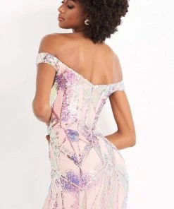 Jovani - 05101 Illusion Plunging Neck Off Shoulder Embellished Dress