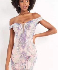 Jovani - 05101 Illusion Plunging Neck Off Shoulder Embellished Dress