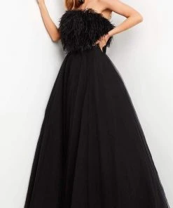 Jovani - 05624 Strapless Feather Fringed A-Line Dress