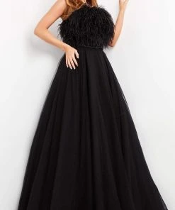 Jovani - 05624 Strapless Feather Fringed A-Line Dress