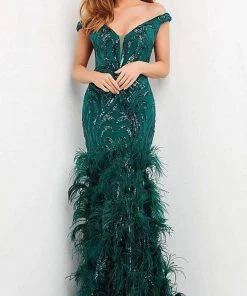 Jovani - 05660 Off Shoulder Sequined And Feathered Gown