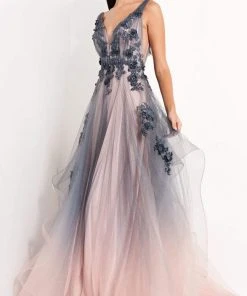 Jovani - 05835 Floral Appliqued A-Line Evening Gown