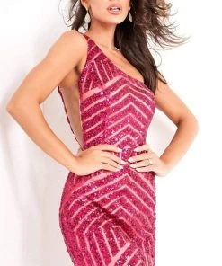 Jovani - 06016 One Shoulder Chevron Sequin Cocktail Dress
