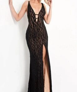 Jovani 06097 - Plunging V-Neck Lace Prom Gown