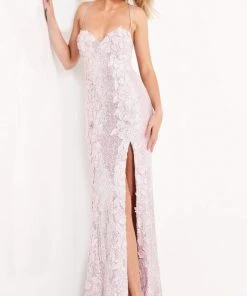Jovani - 06109 Floral Appliques Sequin Embellished High Slit Gown