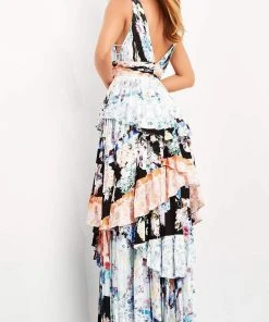 Jovani - 06114 Pleat-Ornate Tiered A-Line Print Dress