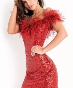 Jovani - 06167 Feathered And Sequined Off Shoulder Cocktail Dress