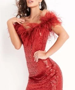 Jovani - 06167 Feathered And Sequined Off Shoulder Cocktail Dress