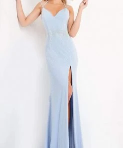 Jovani - 06209 V-Neck Backless High Slit Studded Jersey Evening Dress